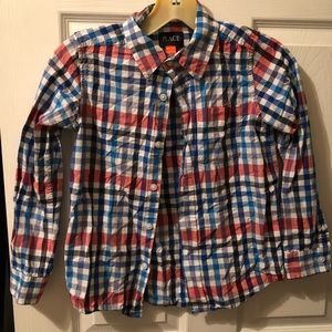 Blue, red, black and white plaid shirt